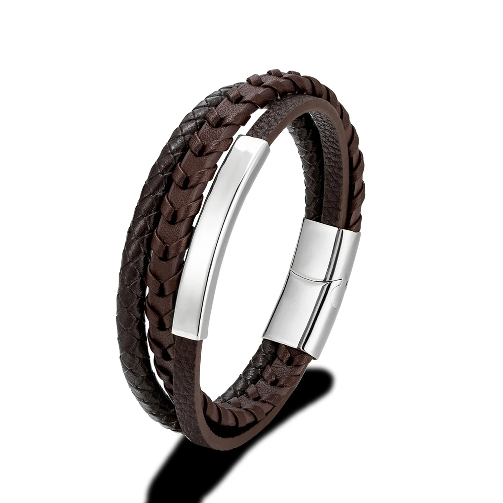 MKENDN Fashion Men Braided Rope Multilayer Leather Bracelet Matte Black Stainless Steel Bangle Hand-woven Jewelry Gifts