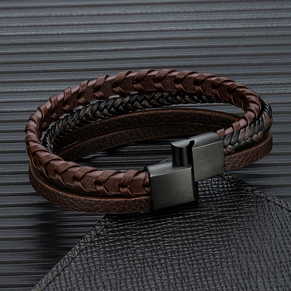 MKENDN Fashion Men Braided Rope Multilayer Leather Bracelet Matte Black Stainless Steel Bangle Hand-woven Jewelry Gifts