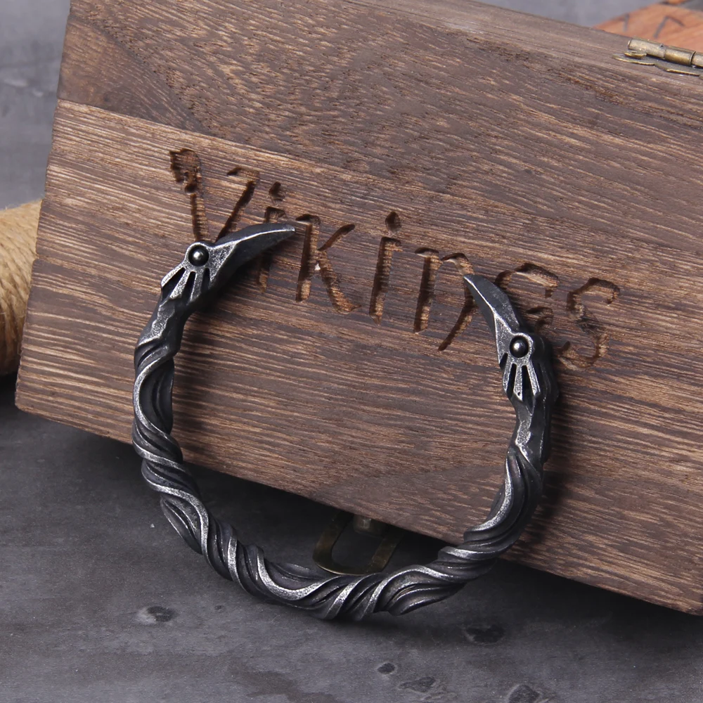 Viking Odin’s Ravens Head Bracelet Stainless Steel Twisted Open Cuff Norse Mythology Amulet Wristband for Men with wood box