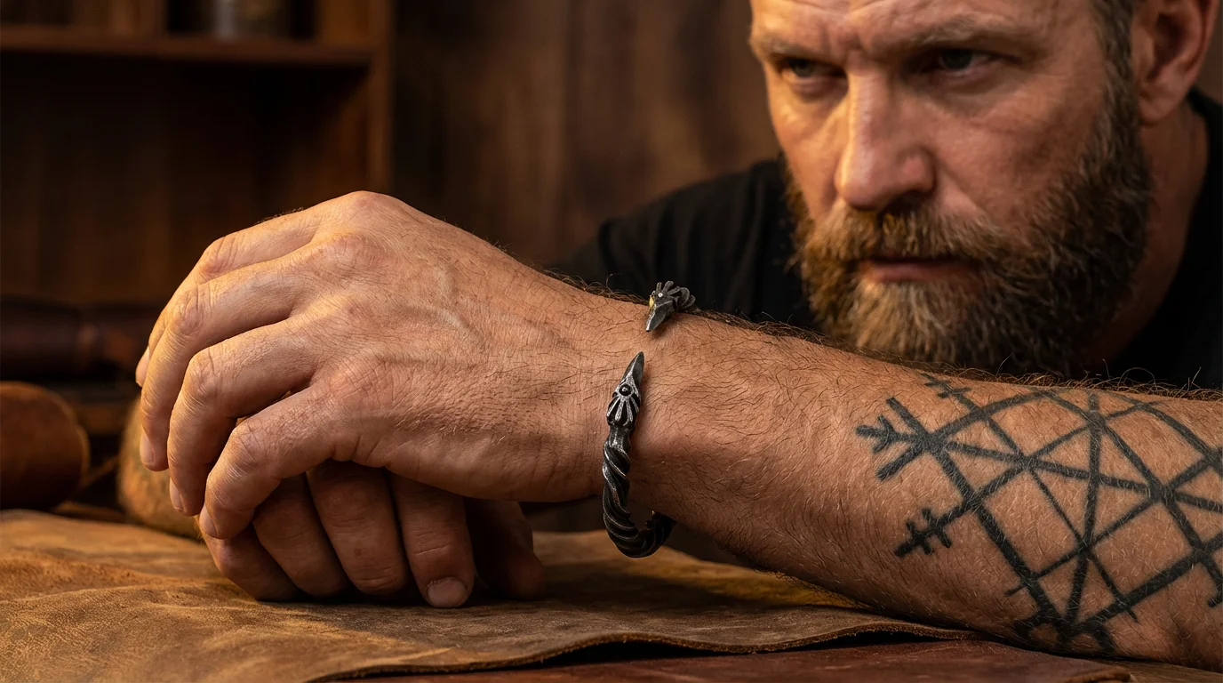 Viking Odin’s Ravens Head Bracelet Stainless Steel Twisted Open Cuff Norse Mythology Amulet Wristband for Men with wood box