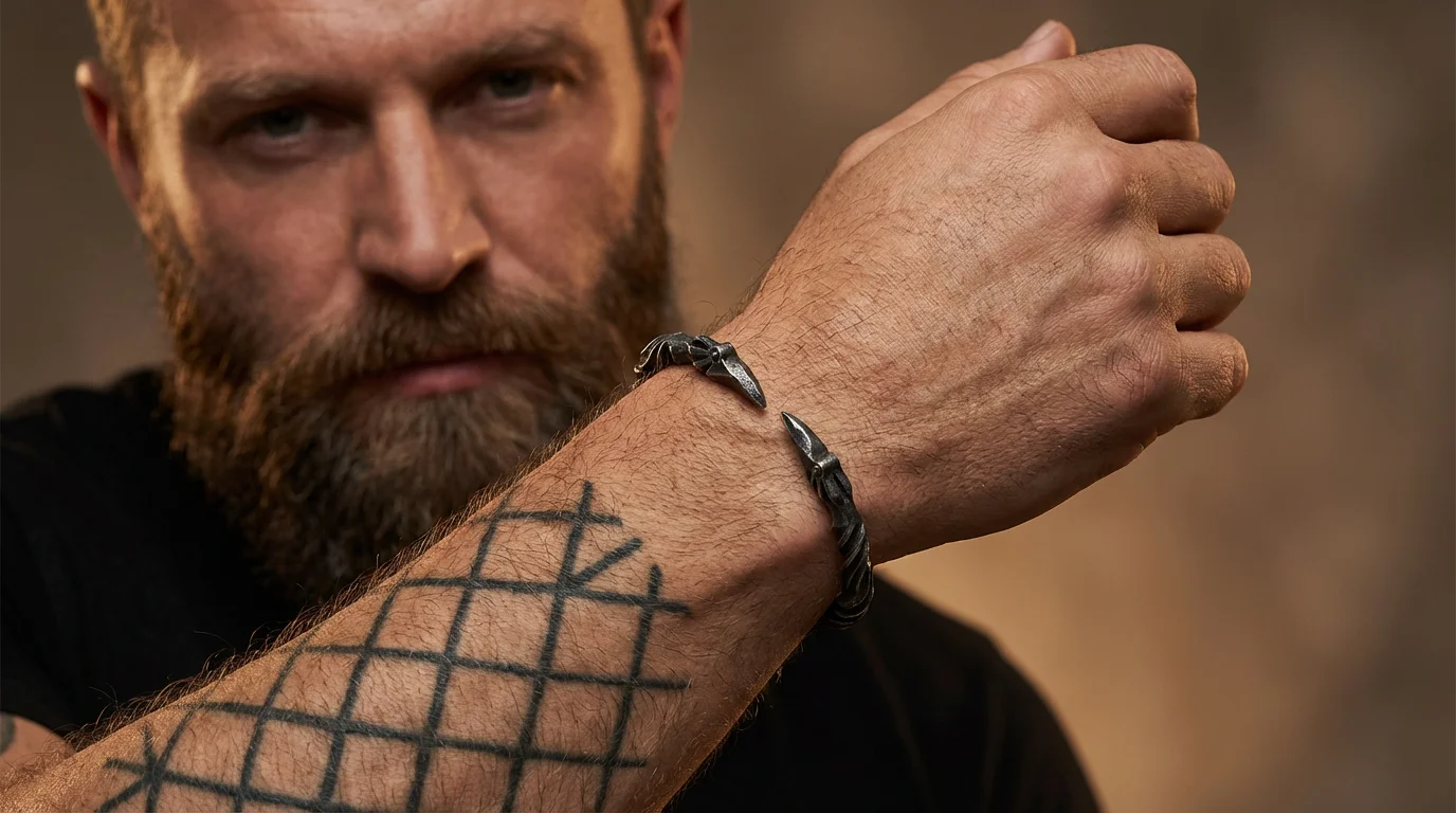 Viking Odin’s Ravens Head Bracelet Stainless Steel Twisted Open Cuff Norse Mythology Amulet Wristband for Men with wood box
