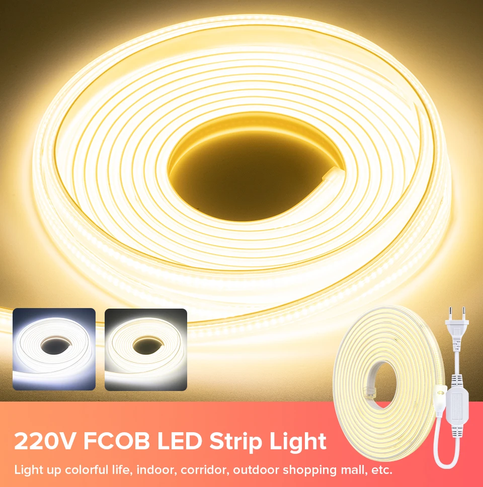 AC220V FCOB LED Light Strip Cold Nature Warm White Lights High Brightness Density 288 420 Leds Safety Flexible IP65 Waterproof