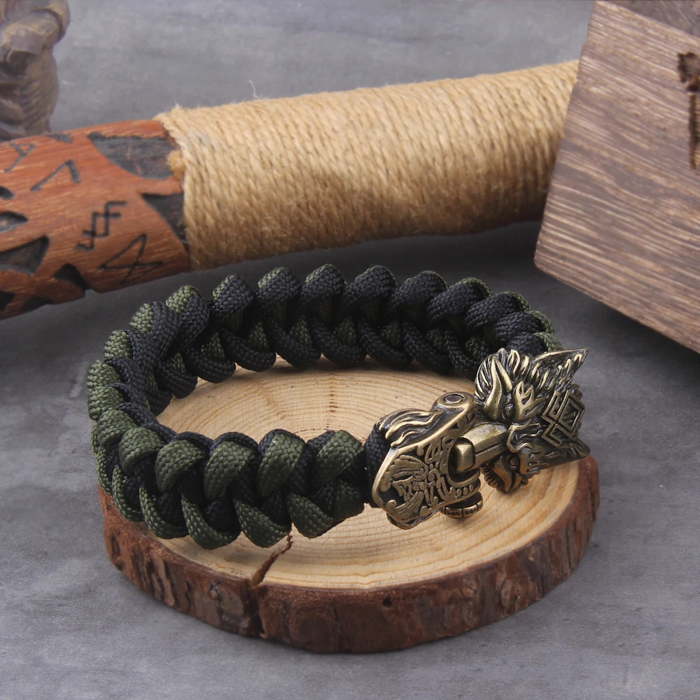 Never Fade Rock Viking Wolf Bracelet Men's handmade cord Wolf Bead Punk Bracelets Biker Jewelry