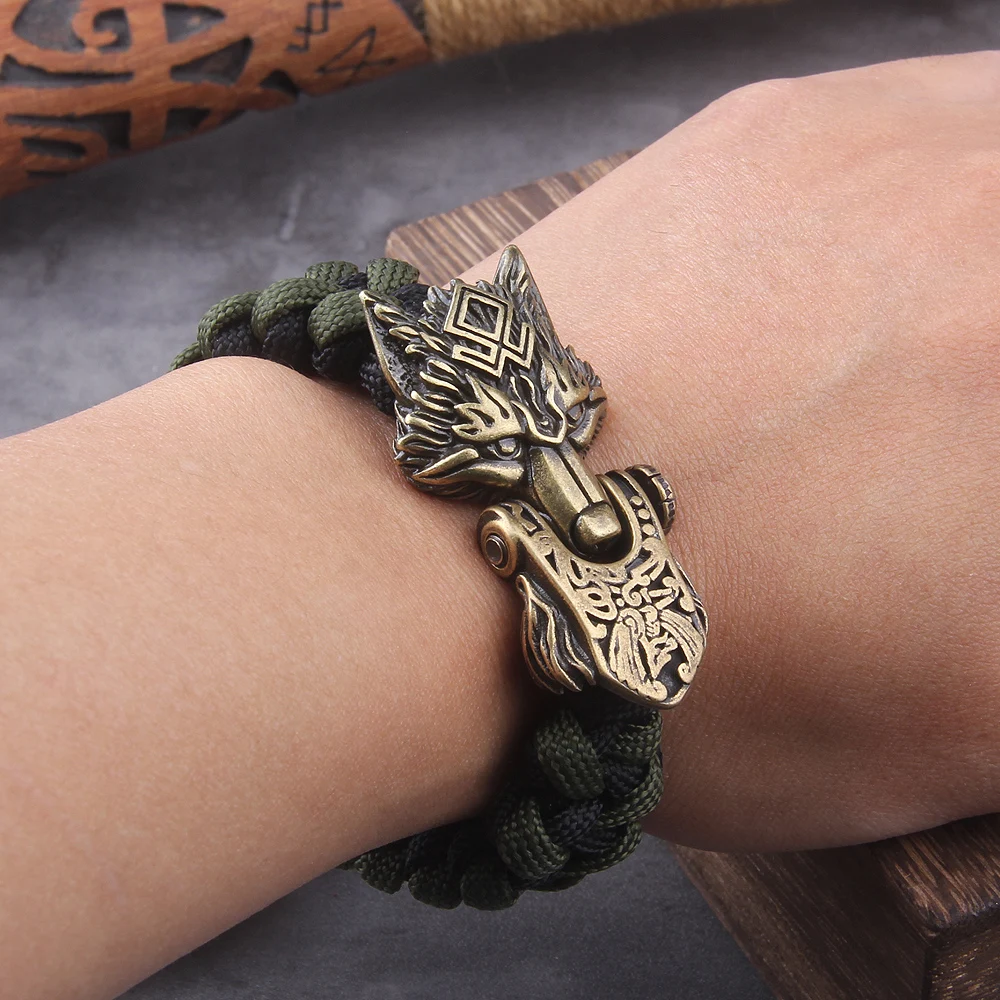 Never Fade Rock Viking Wolf Bracelet Men's handmade cord Wolf Bead Punk Bracelets Biker Jewelry