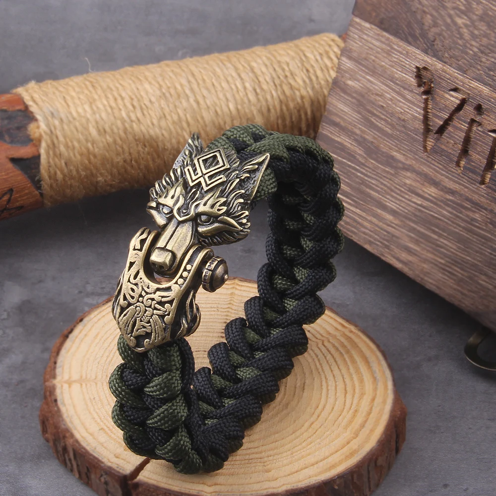 Never Fade Rock Viking Wolf Bracelet Men's handmade cord Wolf Bead Punk Bracelets Biker Jewelry