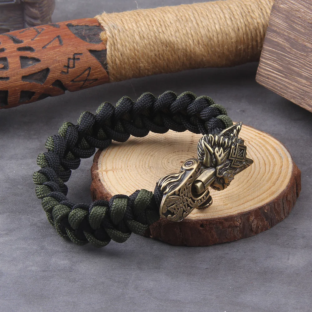 Never Fade Rock Viking Wolf Bracelet Men's handmade cord Wolf Bead Punk Bracelets Biker Jewelry