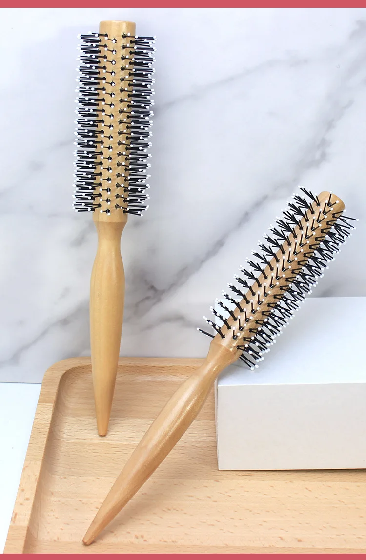 Mini Round Nylon Hairbrush Curly Hair Styling Comb Rolling Comb Round Brush for Thin or Short Hair Men with Wooden Handle