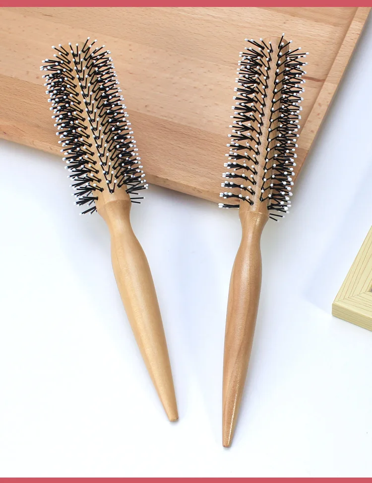 Mini Round Nylon Hairbrush Curly Hair Styling Comb Rolling Comb Round Brush for Thin or Short Hair Men with Wooden Handle