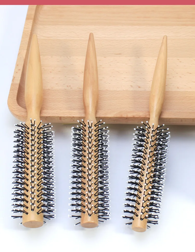 Mini Round Nylon Hairbrush Curly Hair Styling Comb Rolling Comb Round Brush for Thin or Short Hair Men with Wooden Handle