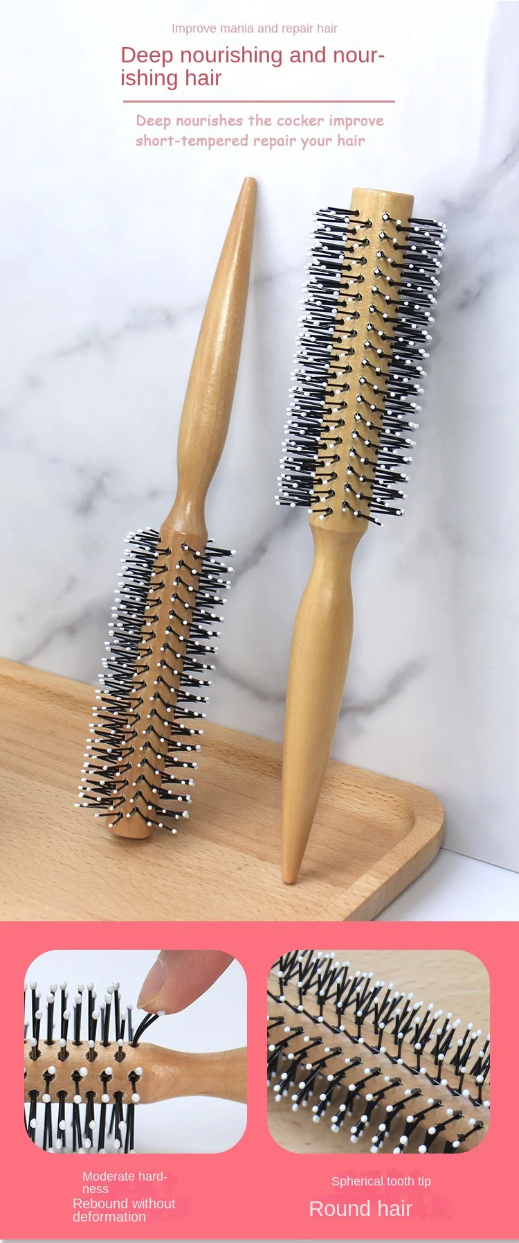 Mini Round Nylon Hairbrush Curly Hair Styling Comb Rolling Comb Round Brush for Thin or Short Hair Men with Wooden Handle
