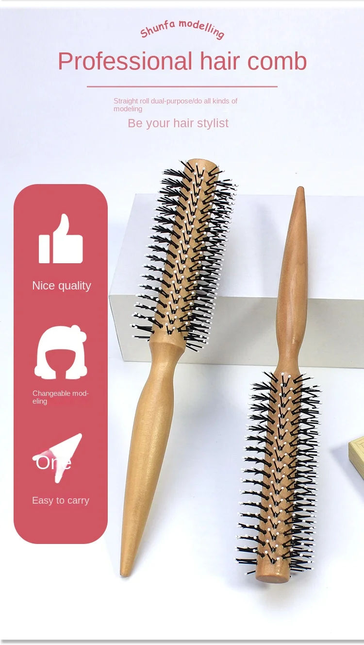 Mini Round Nylon Hairbrush Curly Hair Styling Comb Rolling Comb Round Brush for Thin or Short Hair Men with Wooden Handle