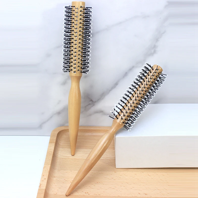 Mini Round Nylon Hairbrush Curly Hair Styling Comb Rolling Comb Round Brush for Thin or Short Hair Men with Wooden Handle