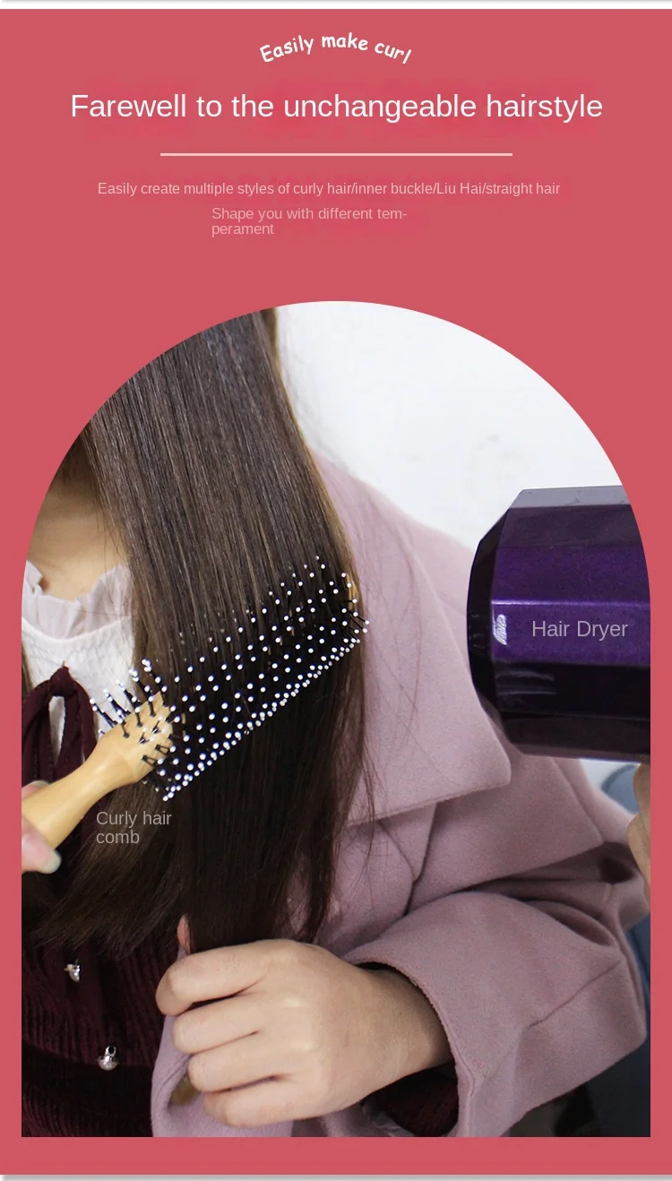 Mini Round Nylon Hairbrush Curly Hair Styling Comb Rolling Comb Round Brush for Thin or Short Hair Men with Wooden Handle