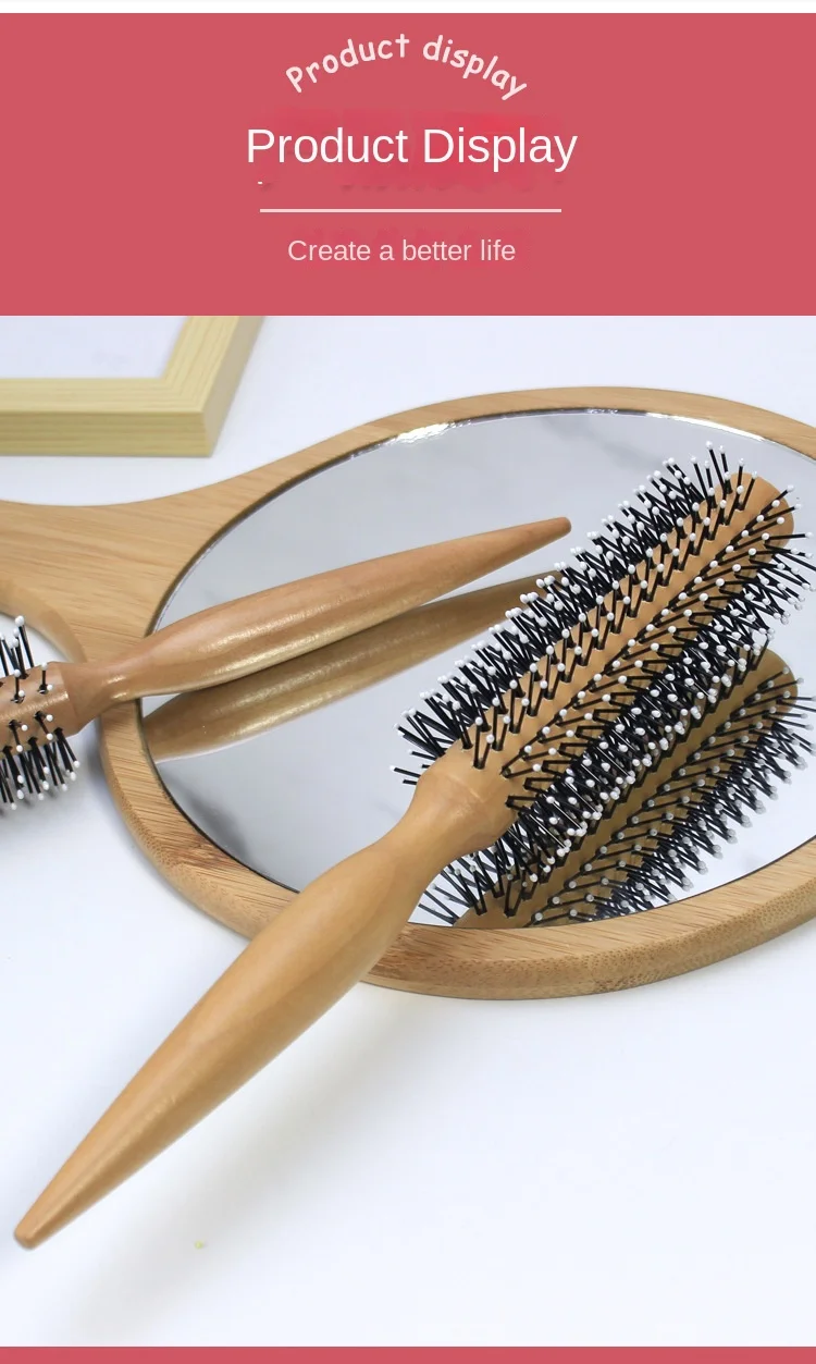 Mini Round Nylon Hairbrush Curly Hair Styling Comb Rolling Comb Round Brush for Thin or Short Hair Men with Wooden Handle