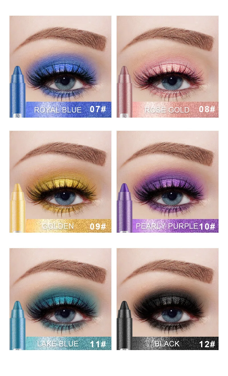 12 Colors Pearlescent Eyeshadow Pen Long Lasting Waterproof Eye Highlighter Shiny Silver Purple Eyeliner Eyeshadow Pen Cosmetics