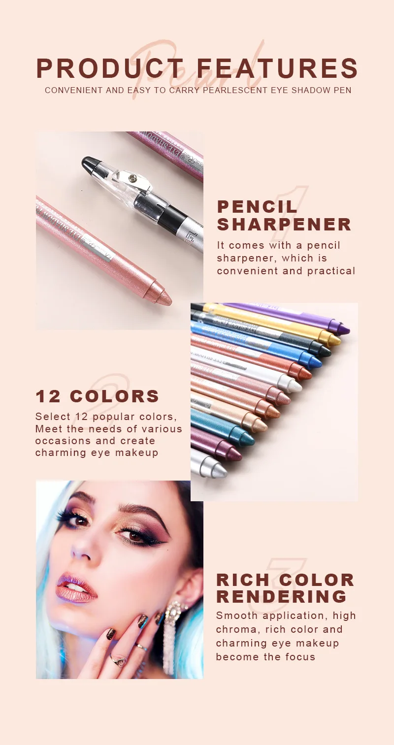 12 Colors Pearlescent Eyeshadow Pen Long Lasting Waterproof Eye Highlighter Shiny Silver Purple Eyeliner Eyeshadow Pen Cosmetics