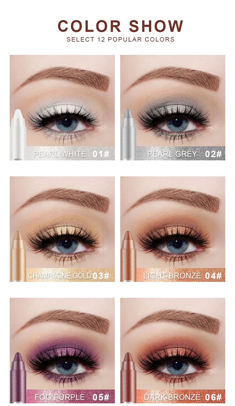 12 Colors Pearlescent Eyeshadow Pen Long Lasting Waterproof Eye Highlighter Shiny Silver Purple Eyeliner Eyeshadow Pen Cosmetics