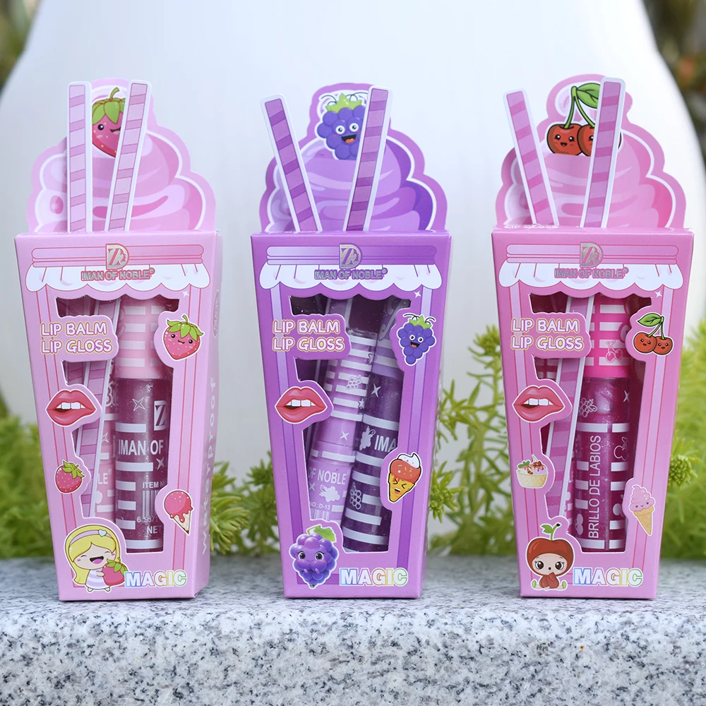 Cute Ice Cream Shiny Lip Gloss Lip Balm Set Girls Woman Waterproof Longlasting Natural Moisturizing Lips Makeup