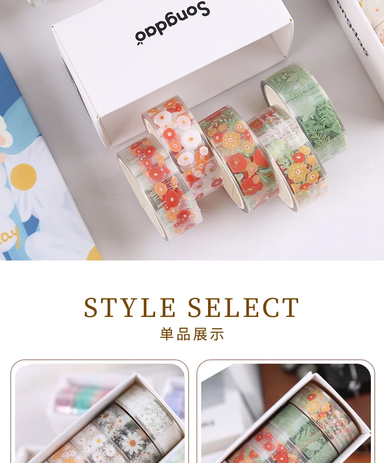 5Rolls Kawaii Transparent Sticker Tape DIY Decorative Material Tape Sketchbook Stickers School Supplies Japanese Stationery