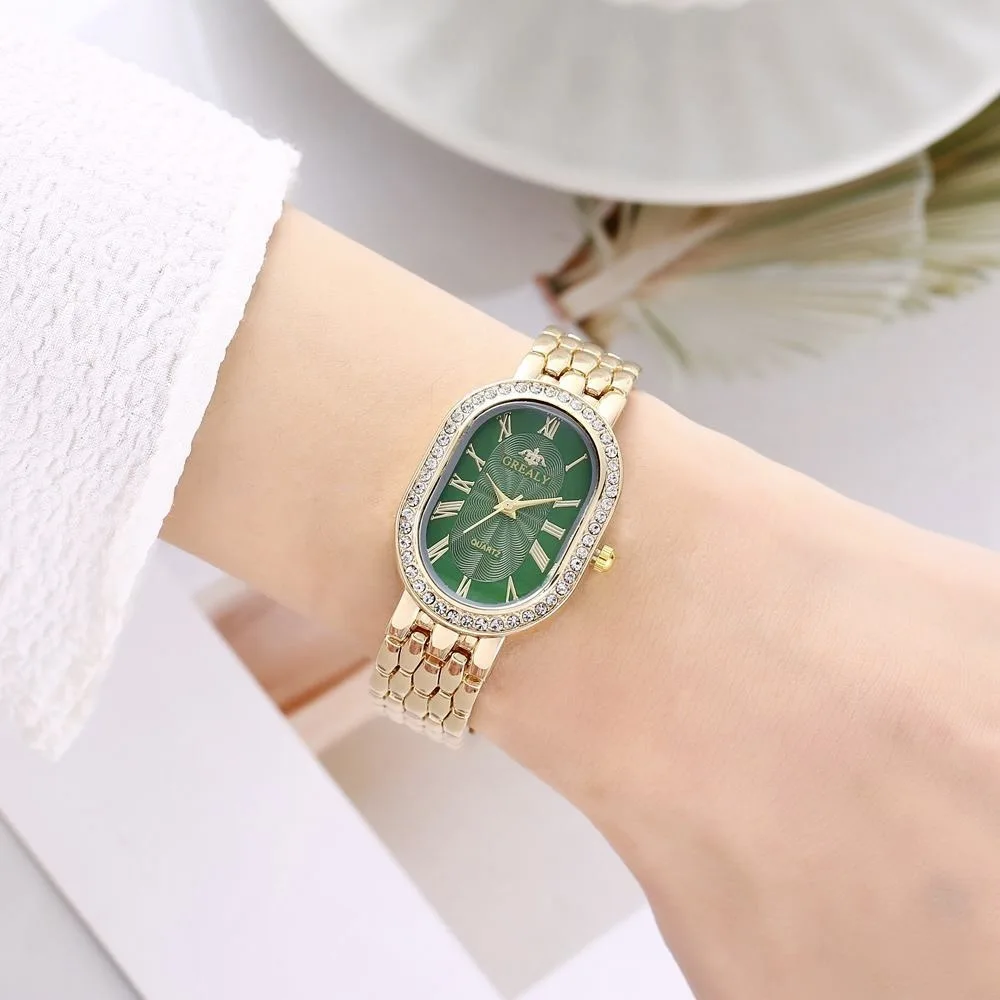 Ladies' Watches Fashionable Luxury Wrist Watch Diamond Encrusted Oval Roman Numeral Dial Quartz Watch Women's Clock