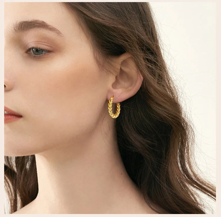 Rope Twist Huggies Hoop Earring for Women Gold Plated Stainless Steel Jewelry