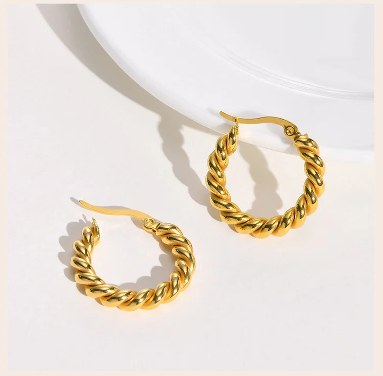 Rope Twist Huggies Hoop Earring for Women Gold Plated Stainless Steel Jewelry