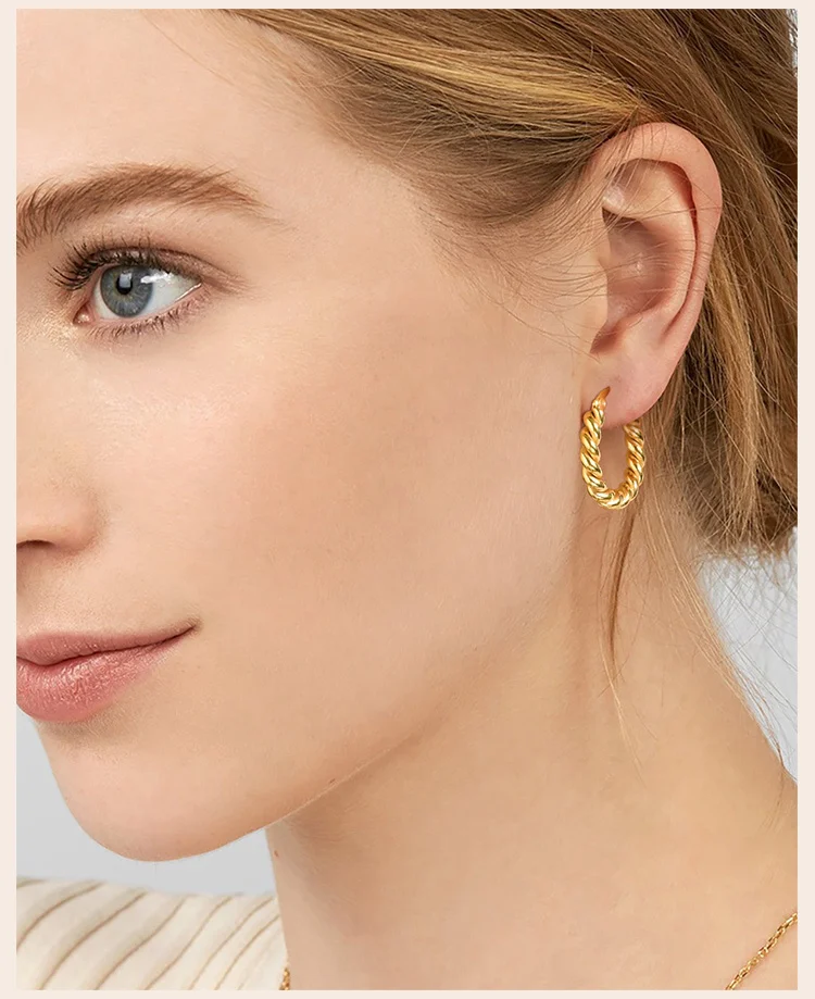 Rope Twist Huggies Hoop Earring for Women Gold Plated Stainless Steel Jewelry