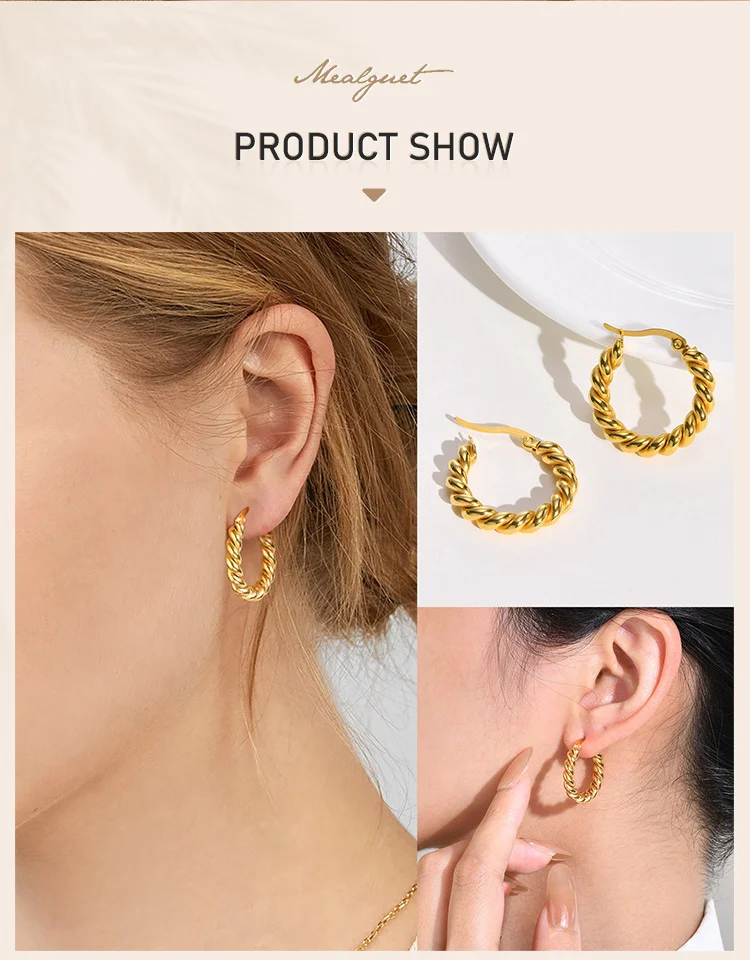 Rope Twist Huggies Hoop Earring for Women Gold Plated Stainless Steel Jewelry