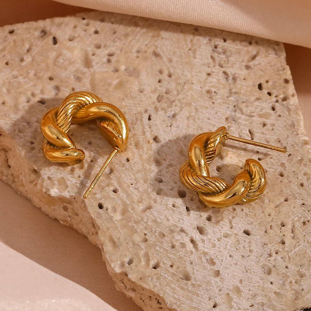 E.B.belle Hypoallergenic 18K Gold Plated Twisted Chunky Round Hoop Earrings For Woman Pendientes De Acero Inoxidable Para Mujer