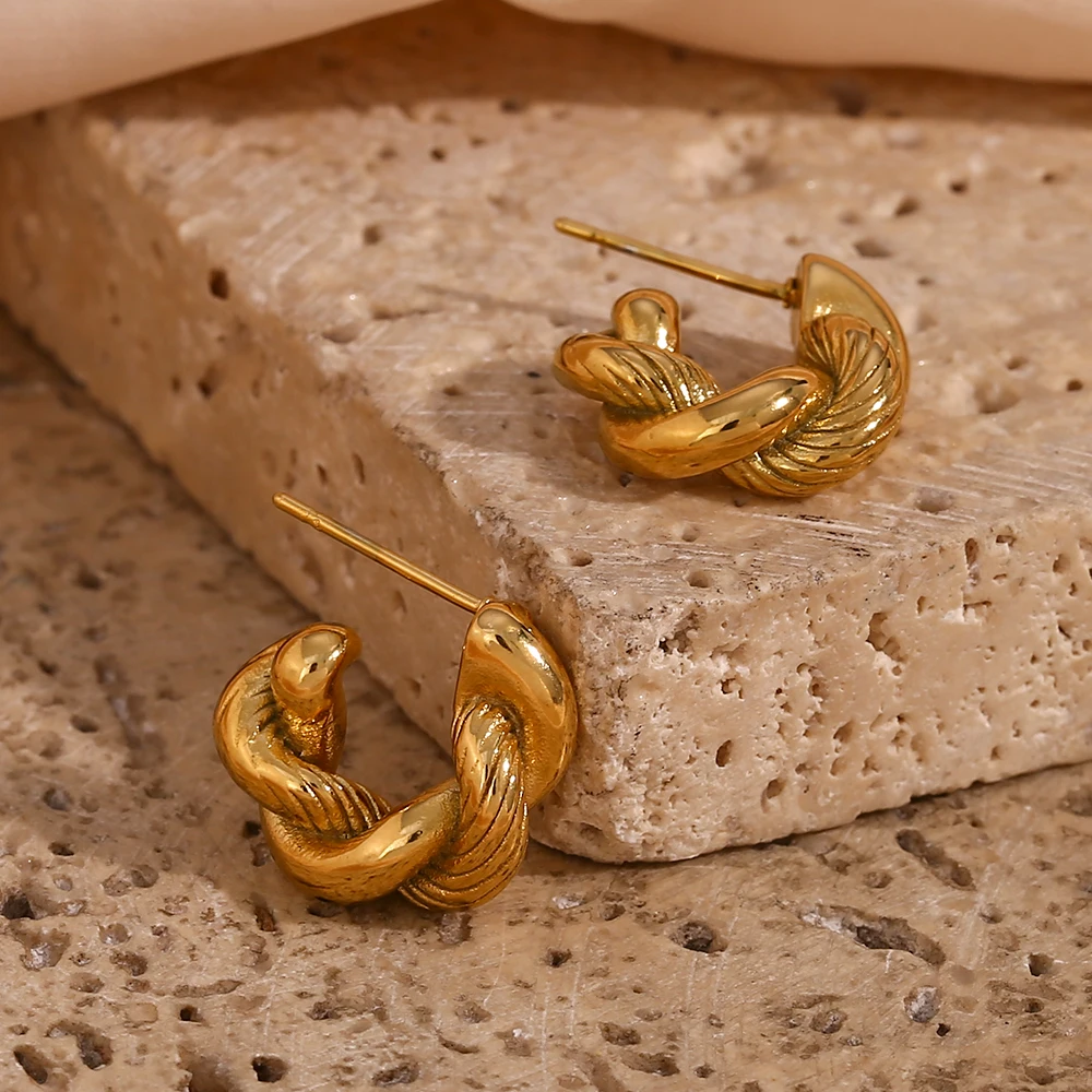 E.B.belle Hypoallergenic 18K Gold Plated Twisted Chunky Round Hoop Earrings For Woman Pendientes De Acero Inoxidable Para Mujer