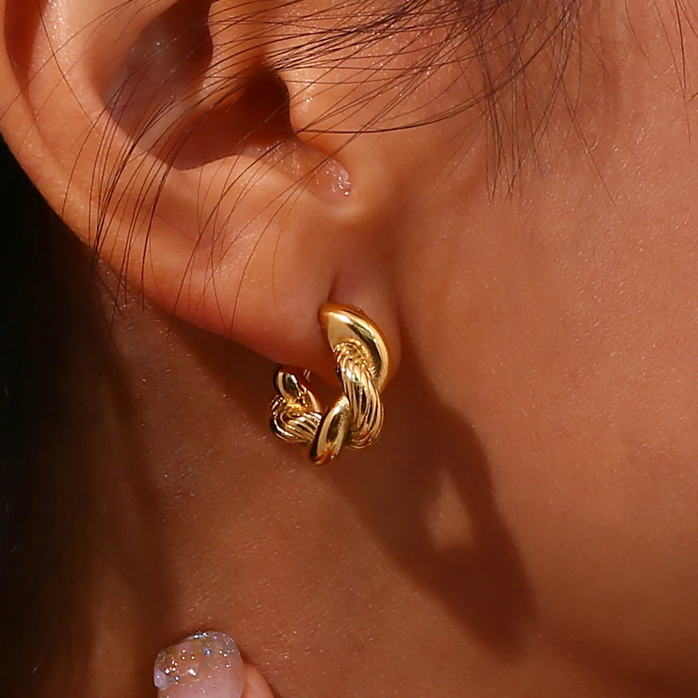 E.B.belle Hypoallergenic 18K Gold Plated Twisted Chunky Round Hoop Earrings For Woman Pendientes De Acero Inoxidable Para Mujer