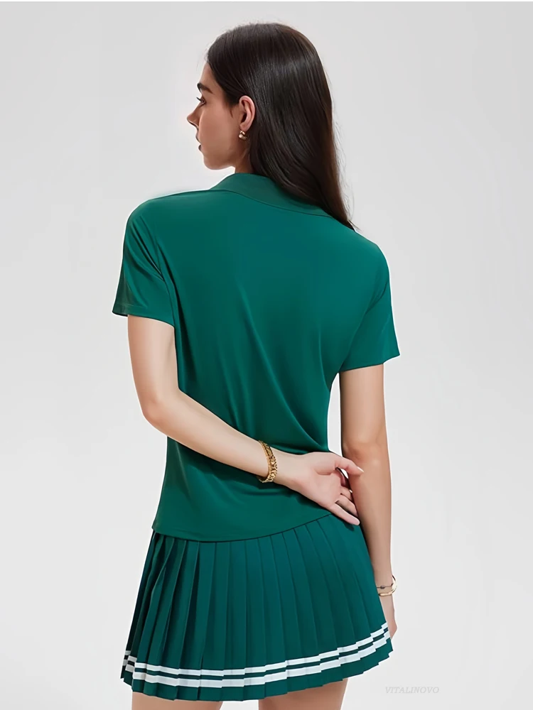 VITALINOVO Women 2 Pieces Athletic Skirt Set Outfits V Neck Polo Shirts High Waisted Pleated Tennis Skirts Golf Pickball Dress