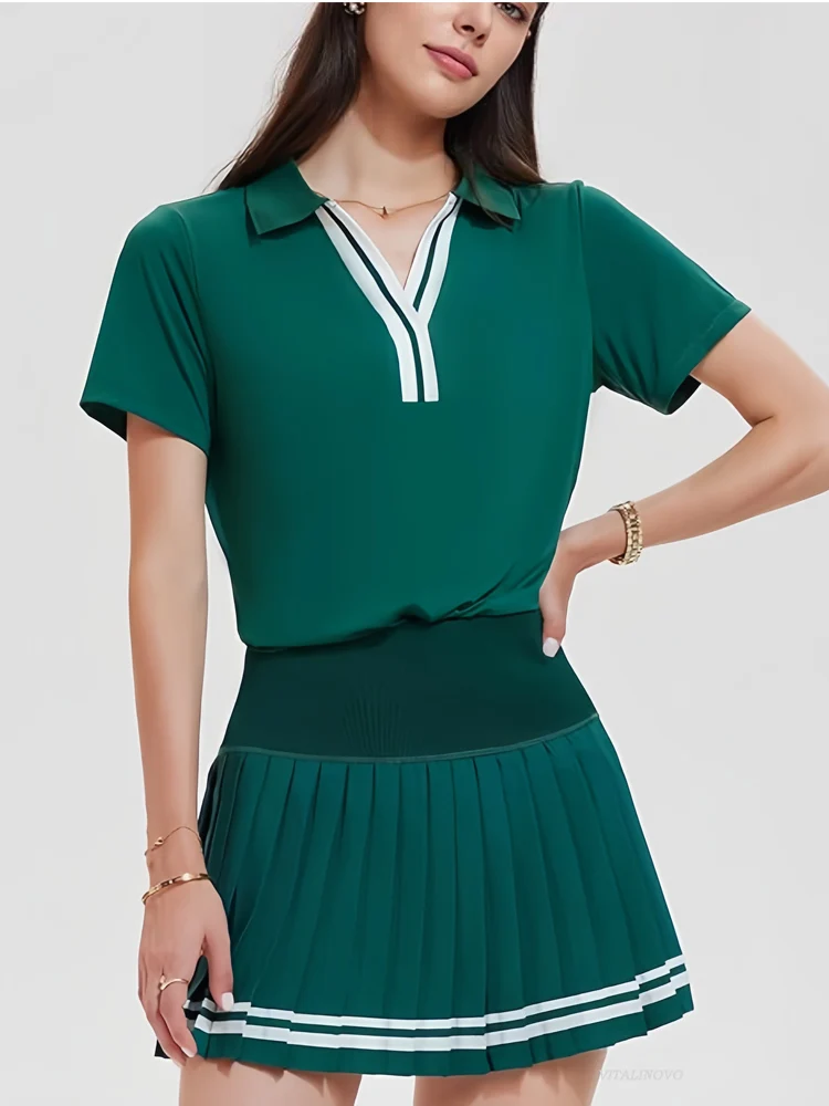 VITALINOVO Women 2 Pieces Athletic Skirt Set Outfits V Neck Polo Shirts High Waisted Pleated Tennis Skirts Golf Pickball Dress