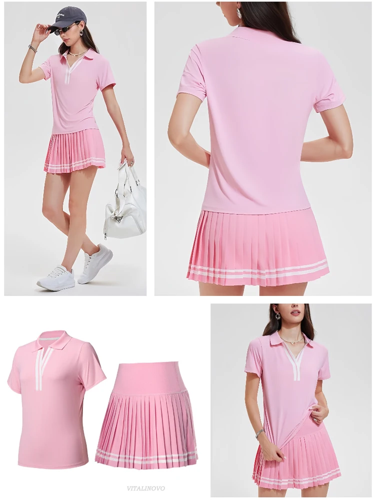 VITALINOVO Women 2 Pieces Athletic Skirt Set Outfits V Neck Polo Shirts High Waisted Pleated Tennis Skirts Golf Pickball Dress