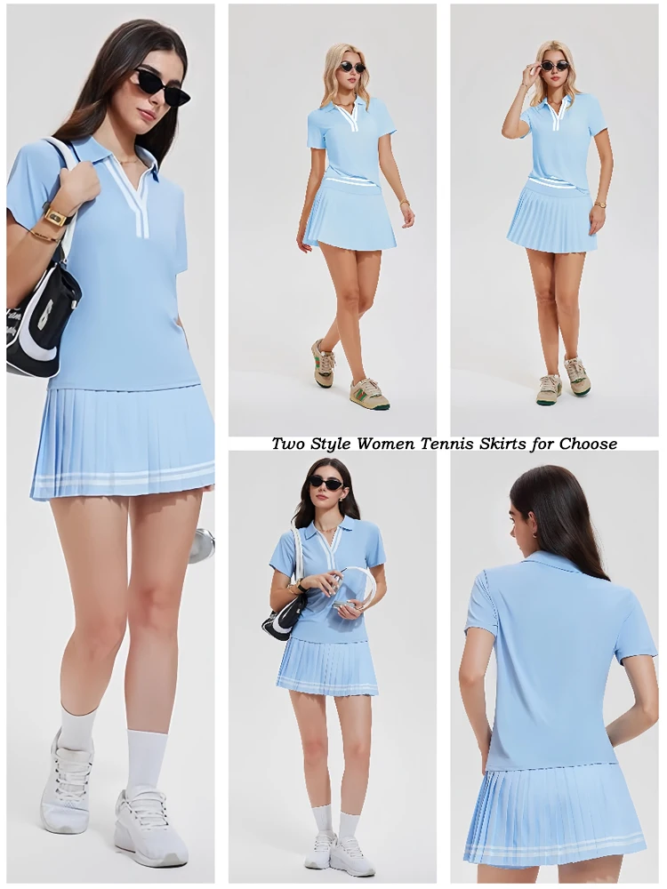 VITALINOVO Women 2 Pieces Athletic Skirt Set Outfits V Neck Polo Shirts High Waisted Pleated Tennis Skirts Golf Pickball Dress