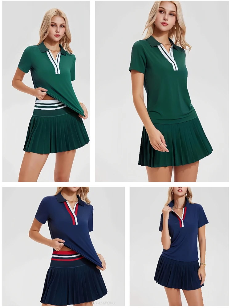 VITALINOVO Women 2 Pieces Athletic Skirt Set Outfits V Neck Polo Shirts High Waisted Pleated Tennis Skirts Golf Pickball Dress