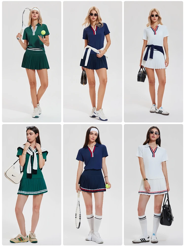 VITALINOVO Women 2 Pieces Athletic Skirt Set Outfits V Neck Polo Shirts High Waisted Pleated Tennis Skirts Golf Pickball Dress