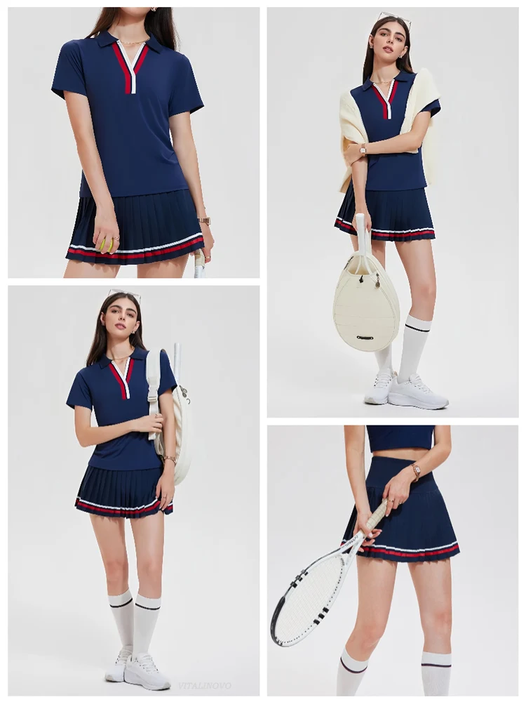 VITALINOVO Women 2 Pieces Athletic Skirt Set Outfits V Neck Polo Shirts High Waisted Pleated Tennis Skirts Golf Pickball Dress
