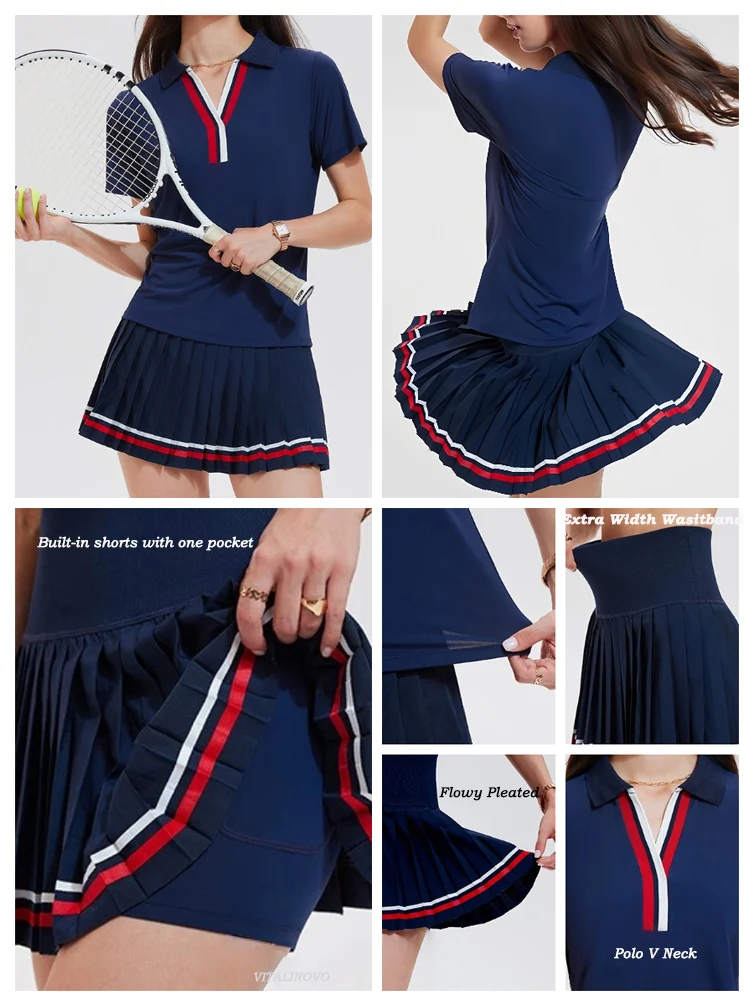 VITALINOVO Women 2 Pieces Athletic Skirt Set Outfits V Neck Polo Shirts High Waisted Pleated Tennis Skirts Golf Pickball Dress