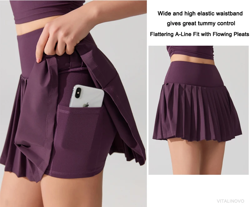 VITALINOVO Pleated Tennis Skirt for Women with Pocket Shorts Women's High Waisted Lightweight Athletic Golf Skorts Skirts Flowy