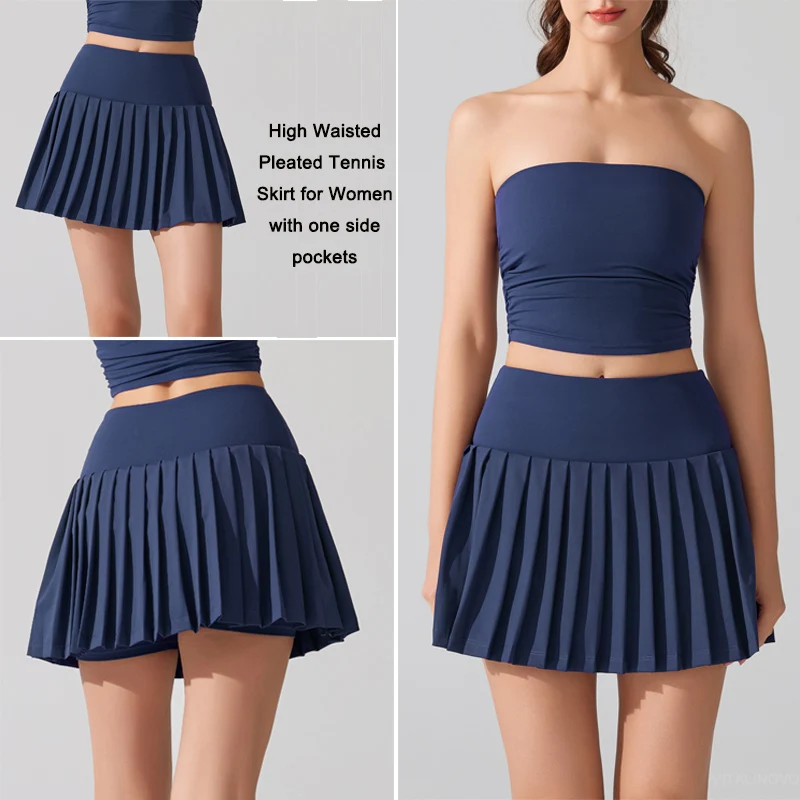 VITALINOVO Pleated Tennis Skirt for Women with Pocket Shorts Women's High Waisted Lightweight Athletic Golf Skorts Skirts Flowy