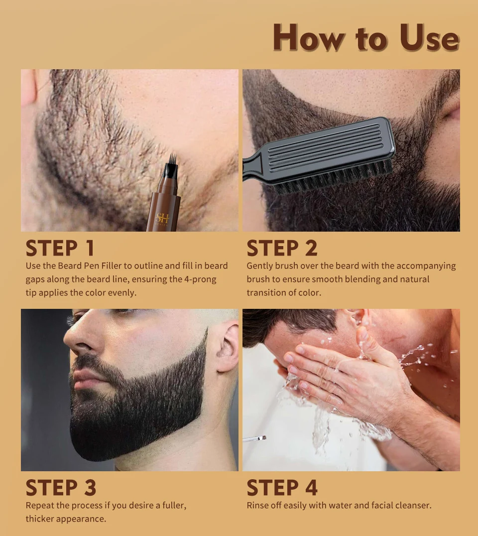 Waterproof Beard Pen Filler Men Moustache Coloring Pen Beard Coloring Filling Enhancer Black Fiber Hair Beard Stuffing Pen Tool