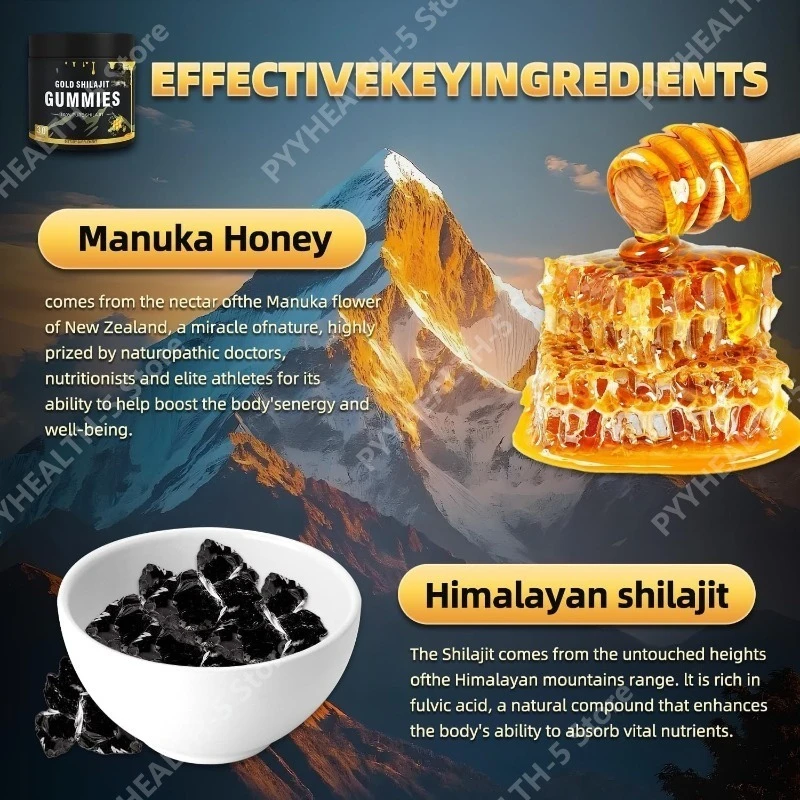 Gold Shilajit Gummies with Manuka Honey MGO 263 Himalayan Shilajit Vegan Non GMO Gluten Free Energy Vitality Supplement 30 Count