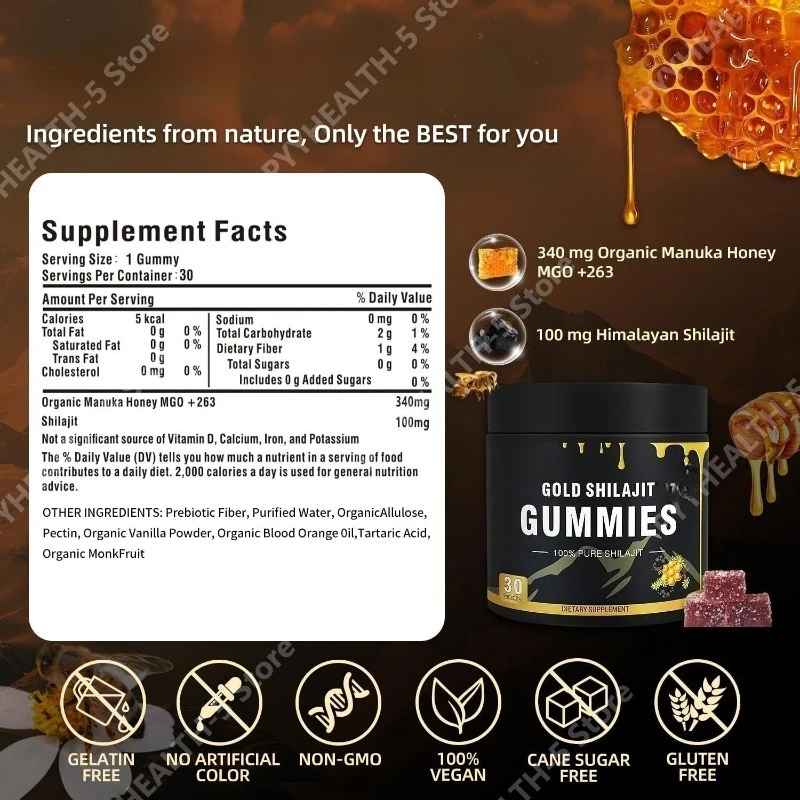 Gold Shilajit Gummies with Manuka Honey MGO 263 Himalayan Shilajit Vegan Non GMO Gluten Free Energy Vitality Supplement 30 Count