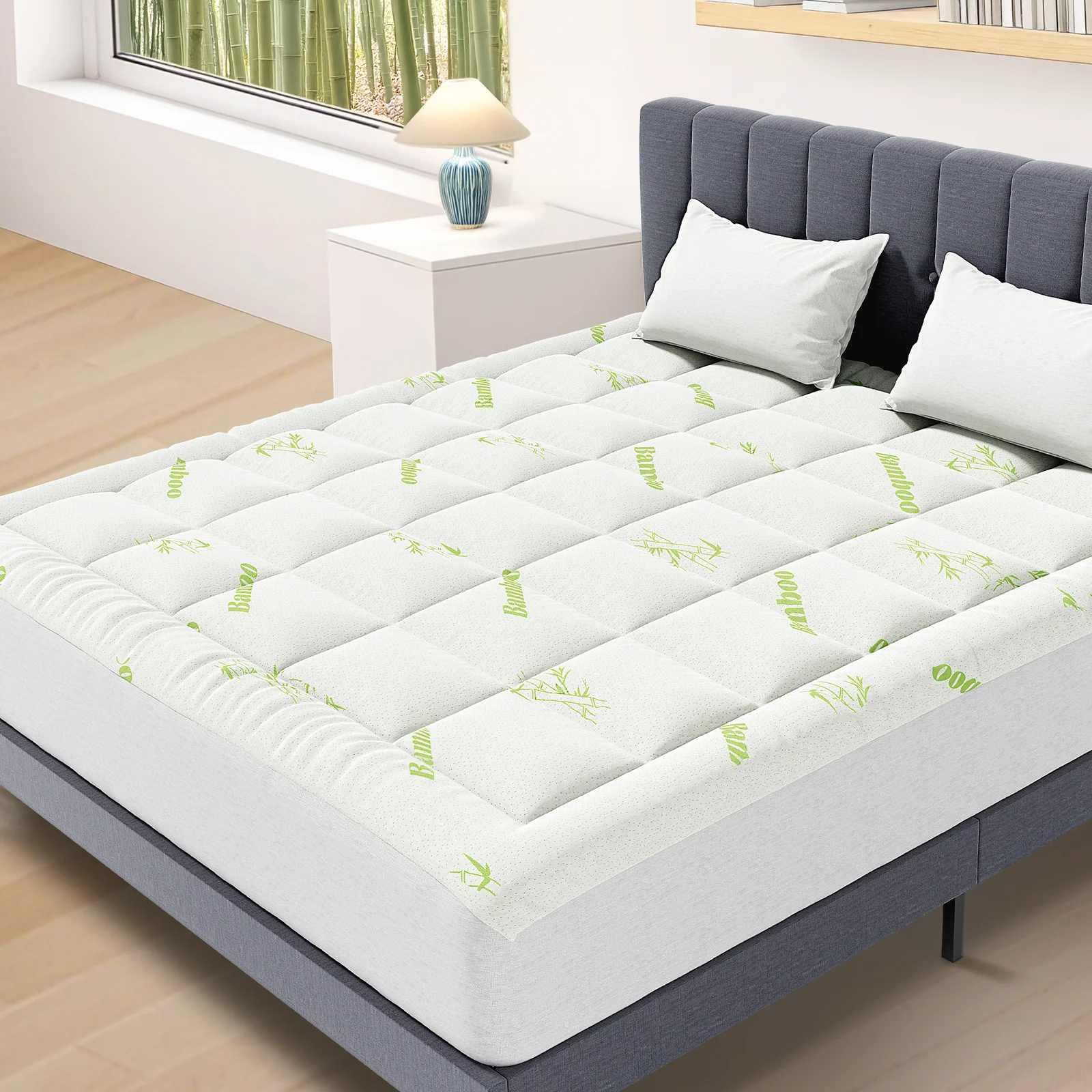 JHK Bamboo Fiber Soft Mattress Topper with Deep Pockets 400g Thick Mattress for Back Pain Relief Breathable Cooling Material