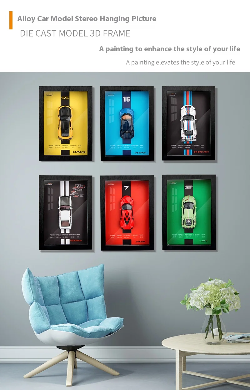 1/32 Photo Frame Version Alloy Metal Sports Car Model Simulation 3D Racing Car Hanging Painting Collection Kids Gifts Decoration