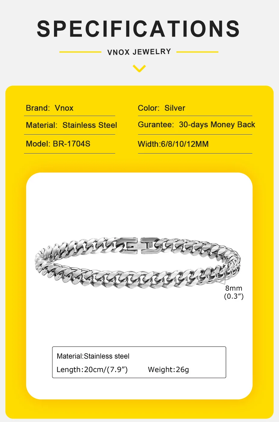 Vnox 6/8/10/12mm Cuban Chain Bracelets for Men Women, Solid Stainless Steel Curb Link Chain Wristband Jewelry