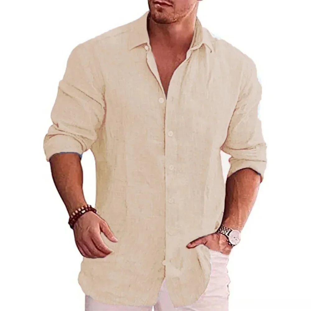 New men's cotton linen autumn hot long-sleeved shirt solid colour versatile casual resort style men's shirt tops