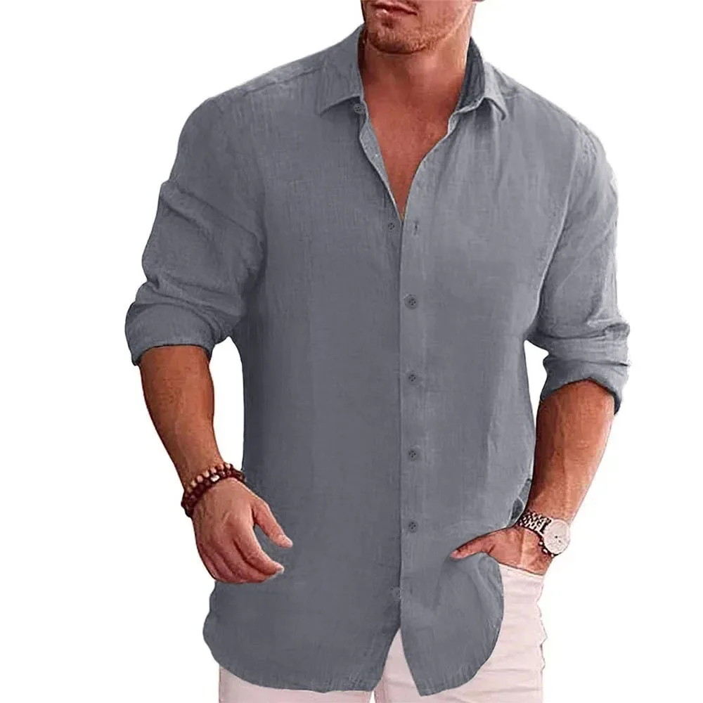 New men's cotton linen autumn hot long-sleeved shirt solid colour versatile casual resort style men's shirt tops