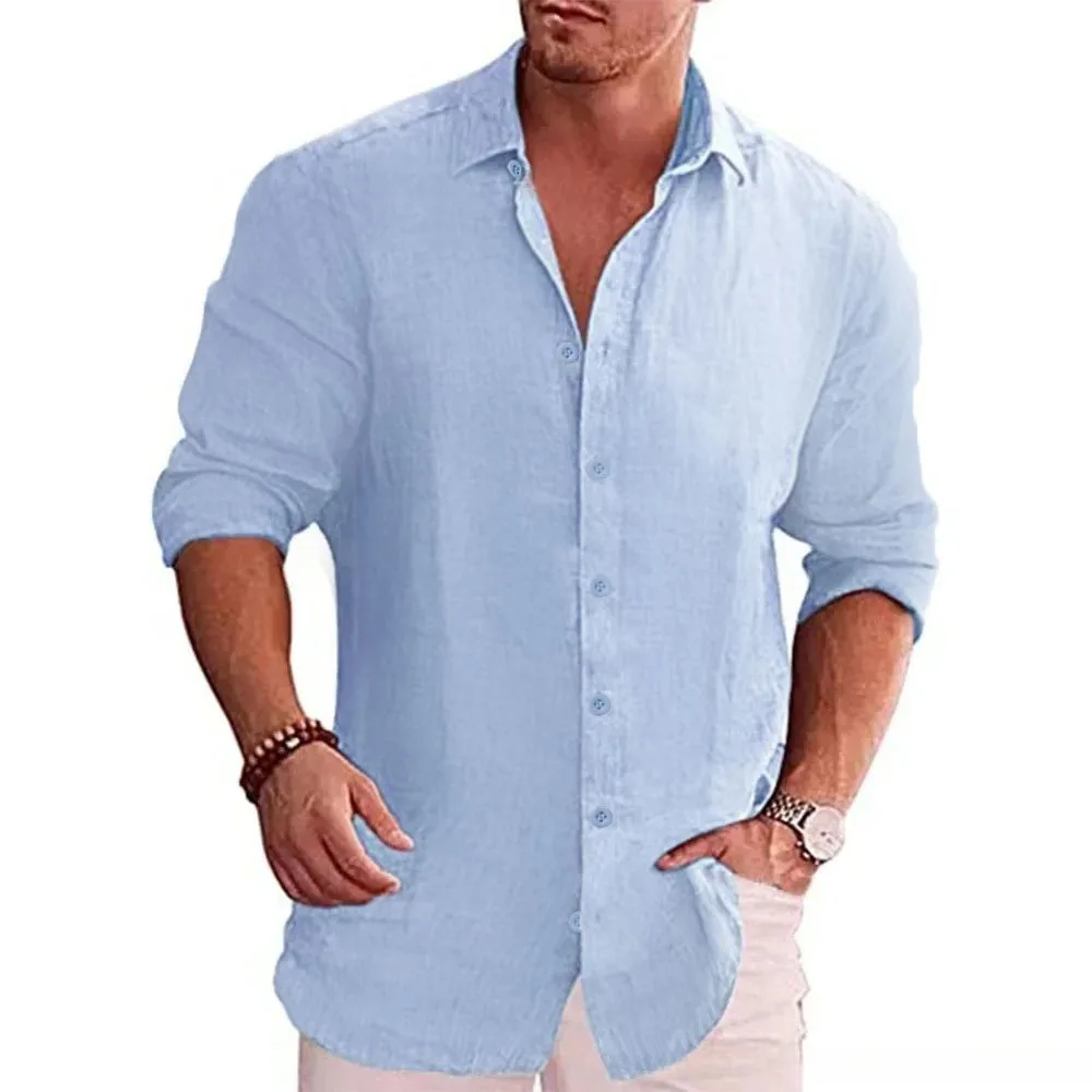 New men's cotton linen autumn hot long-sleeved shirt solid colour versatile casual resort style men's shirt tops